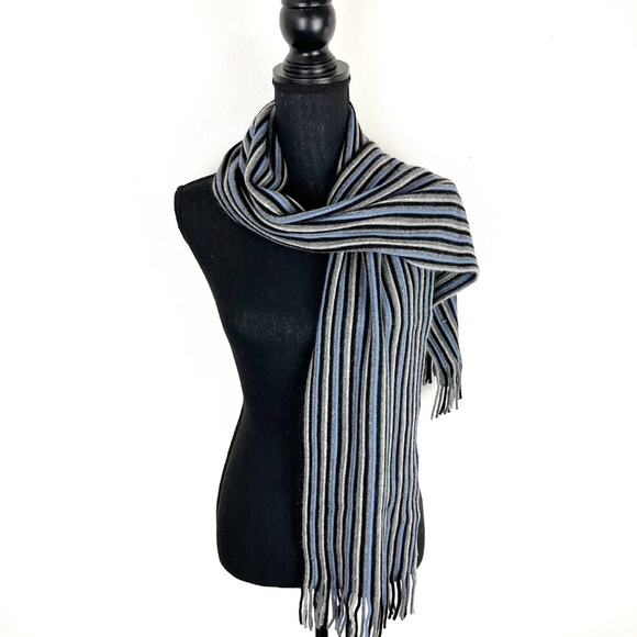 GUY LAROCHE Wool Scarf Winter Vertical Stripes Neutral Blue Gray Black - Picture 2 of 7